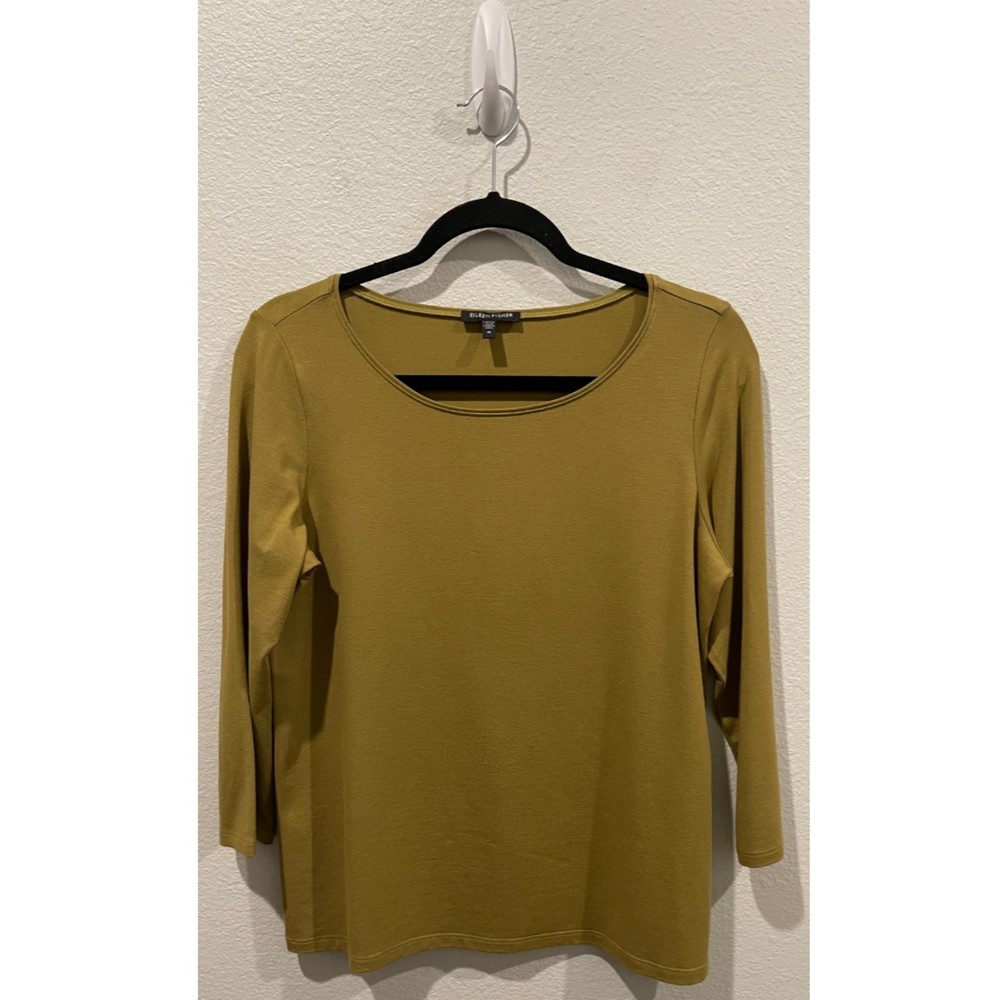 EILEEN FISHER Round Neck Olive Green 3/4 Sleeve Blouse